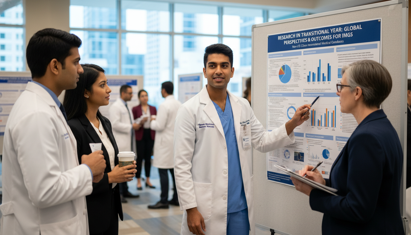 Resident presenting a research poster at a hospital academic day Resident presenting a research poster at a hospital academic day - non-US citizen IMG for Research During Residency for Non-U