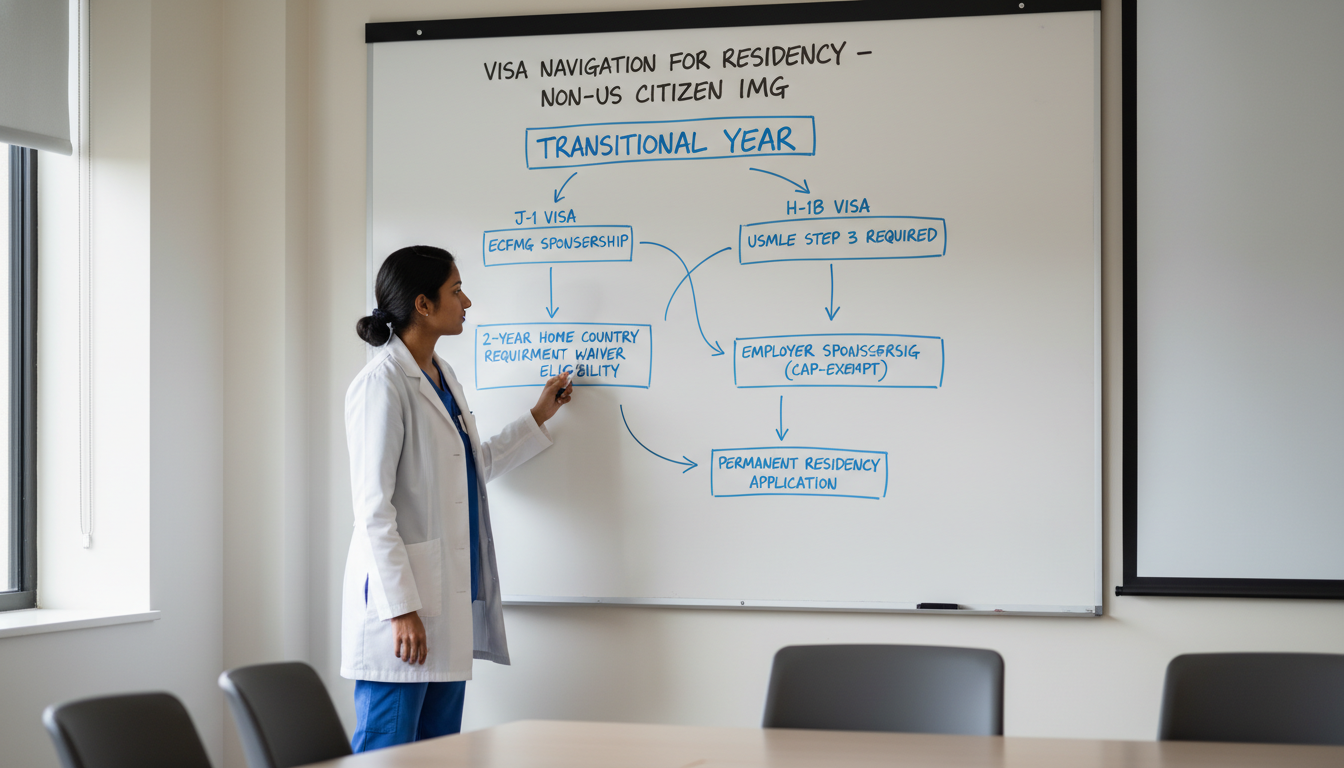 Flowchart of J-1 and H-1B visa options for transitional year residents - non-US citizen IMG for Visa Navigation for Residency