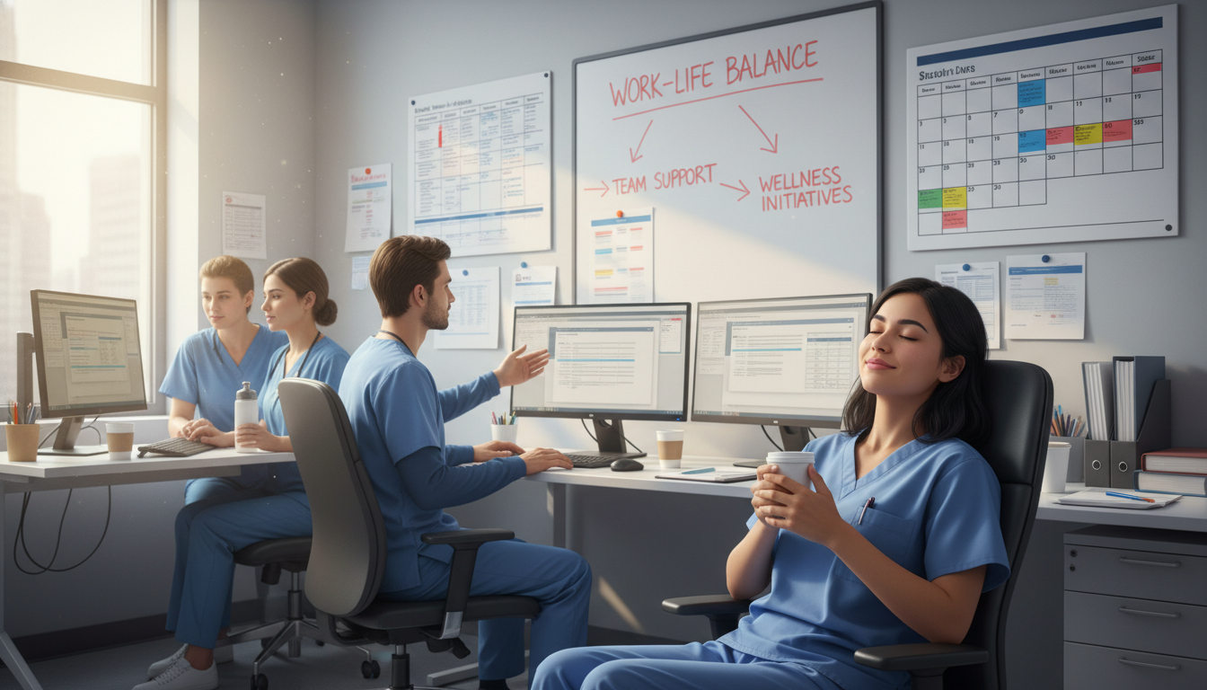 Transitional year resident taking a short break in a hospital workroom Transitional year resident taking a short break in a hospital workroom - non-US citizen IMG for Work-Life Balance Assessment