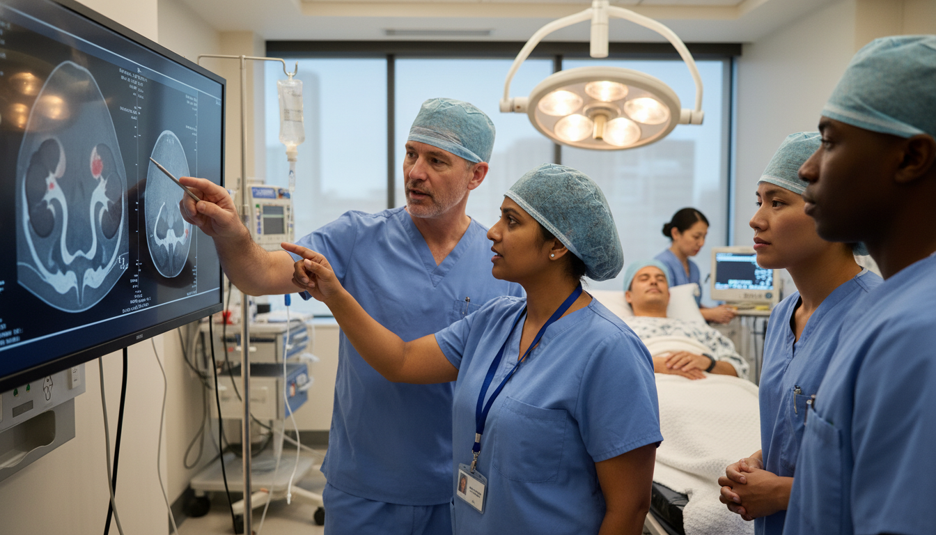 Non-US citizen IMG student on urology rotation interacting with surgical team and patients Non-US citizen IMG student on urology rotation interacting with surgical team and patients - non-US citizen IMG for Letters o