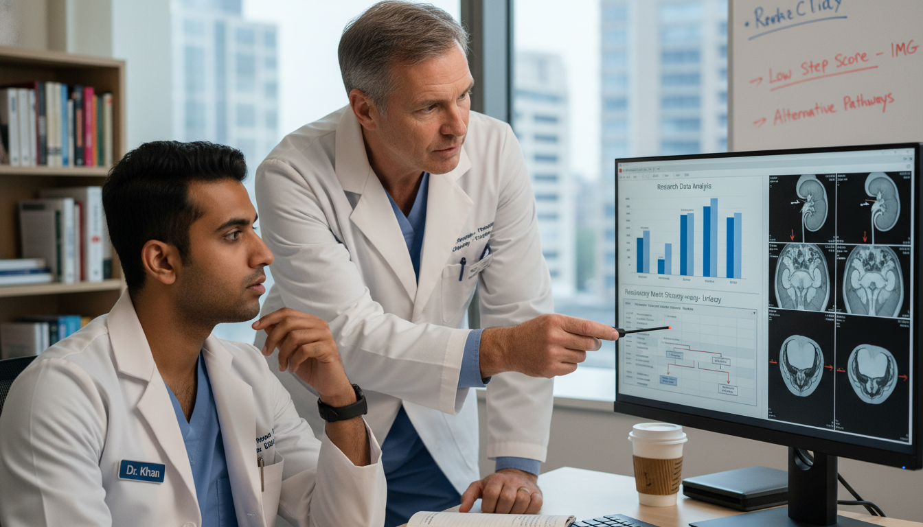 International medical graduate discussing urology research with mentor - non-US citizen IMG for Low Step Score Strategies for