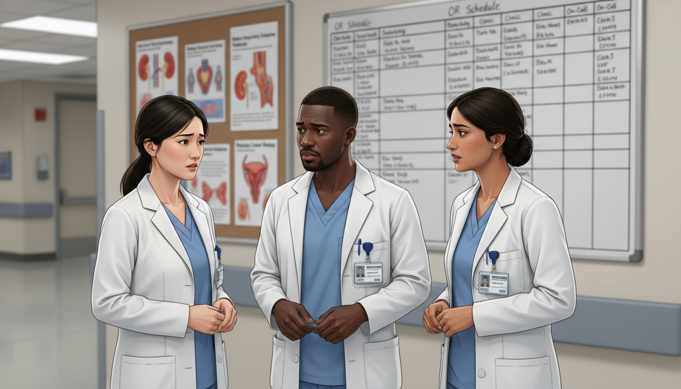 Urology residents discussing program culture in hospital hallway Urology residents discussing program culture in hospital hallway - non-US citizen IMG for Identifying Malignant Programs for