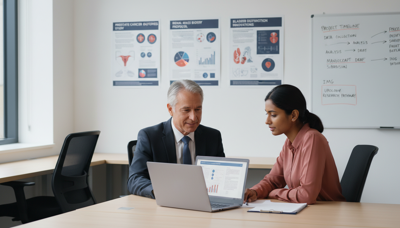 Non-US Citizen IMG Urology Resident Discussing Research Plan with Mentor Non-US Citizen IMG Urology Resident Discussing Research Plan with Mentor - non-US citizen IMG for Research During Residency f
