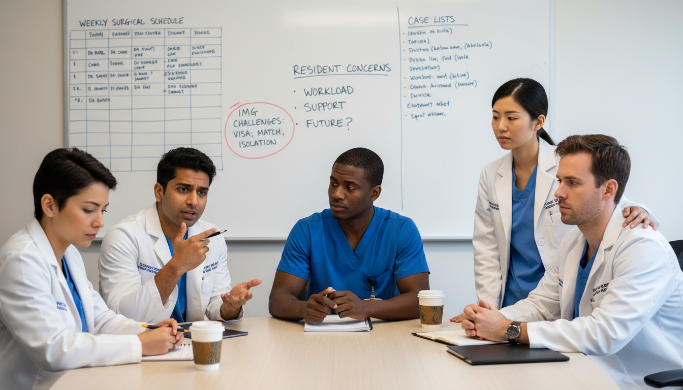 Urology residents discussing training and well-being Urology residents discussing training and well-being - non-US citizen IMG for Resident Turnover Warning Signs for Non-US Citi
