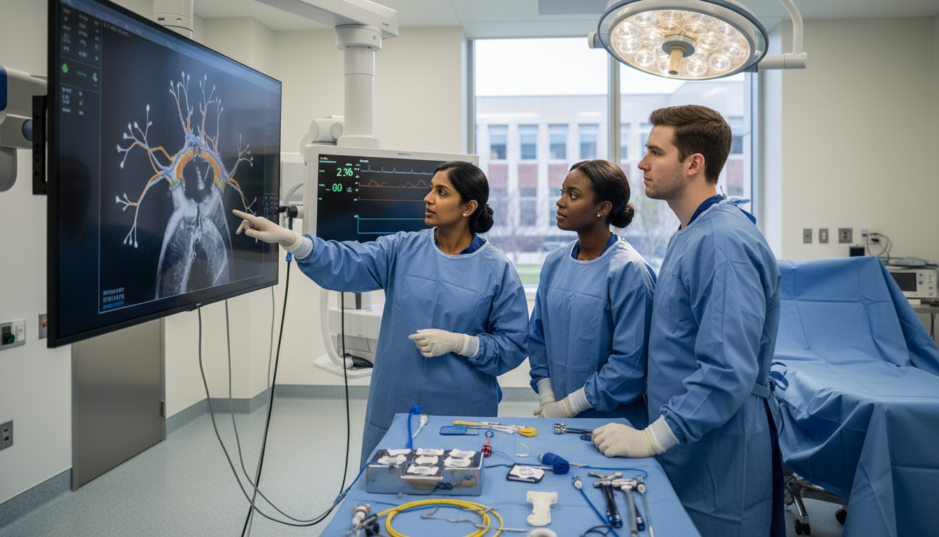 Vascular surgery faculty surgeon teaching residents in an academic operating room Vascular surgery faculty surgeon teaching residents in an academic operating room - non-US citizen IMG for Academic vs Privat