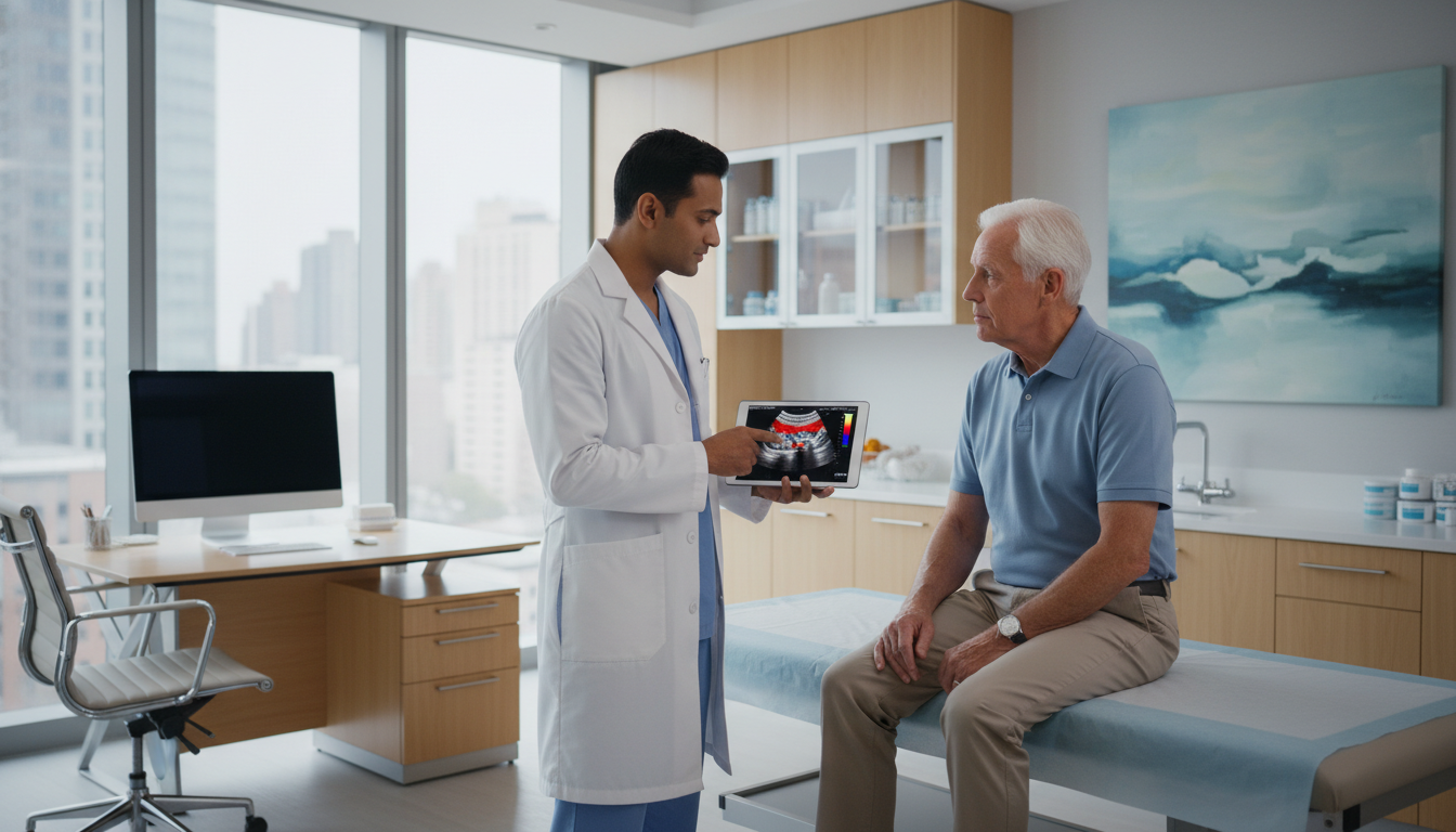 Vascular surgeon in private practice consulting with a patient in a clinic Vascular surgeon in private practice consulting with a patient in a clinic - non-US citizen IMG for Academic vs Private Pract