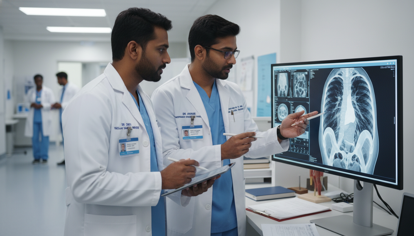 Vascular surgery resident and international graduate reviewing imaging together Vascular surgery resident and international graduate reviewing imaging together - non-US citizen IMG for Networking in Medici