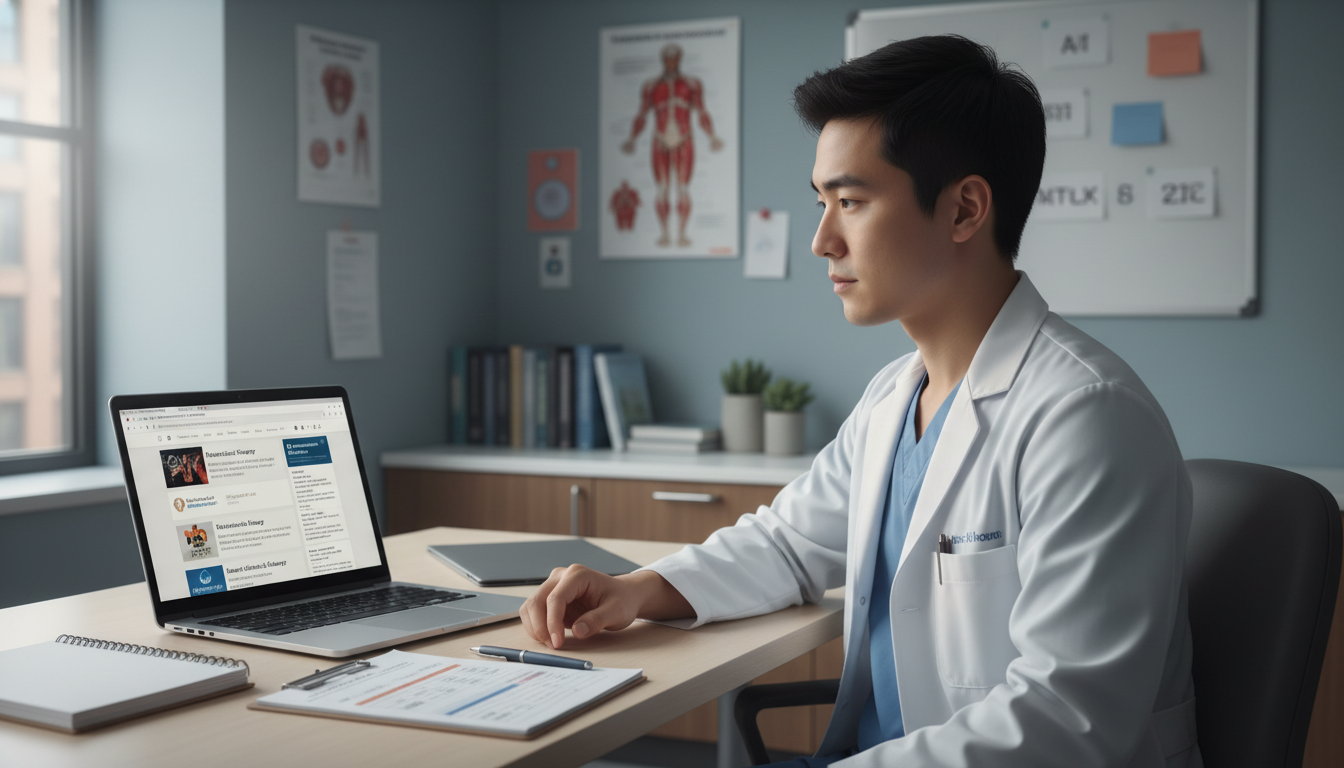 Resident reviewing vascular surgery program options on laptop - non-US citizen IMG for Program Selection Strategy for Non-US