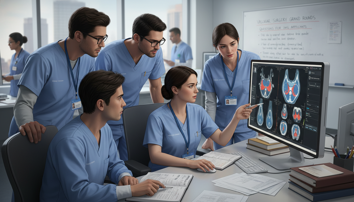 Vascular surgery residents discussing cases in a hospital workroom Vascular surgery residents discussing cases in a hospital workroom - non-US citizen IMG for Questions to Ask Programs for Non