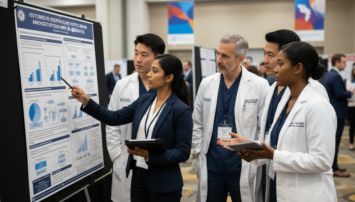 Vascular surgery team discussing research posters at a conference Vascular surgery team discussing research posters at a conference - non-US citizen IMG for Research During Residency for Non-