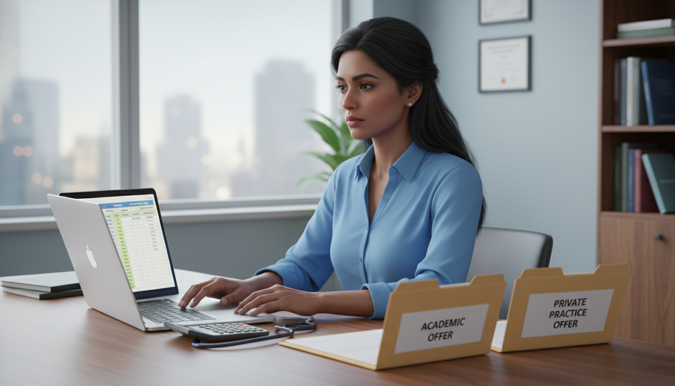 US citizen IMG addiction medicine doctor reviewing contracts and financial options - US citizen IMG for Academic vs Private P