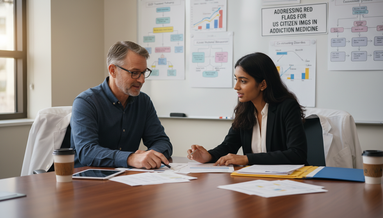Addiction medicine mentor and IMG applicant discussing personal and professional growth Addiction medicine mentor and IMG applicant discussing personal and professional growth - US citizen IMG for Addressing Red F