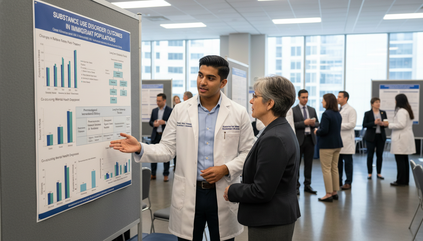 Resident presenting addiction medicine research poster at academic conference - US citizen IMG for Research During Residency