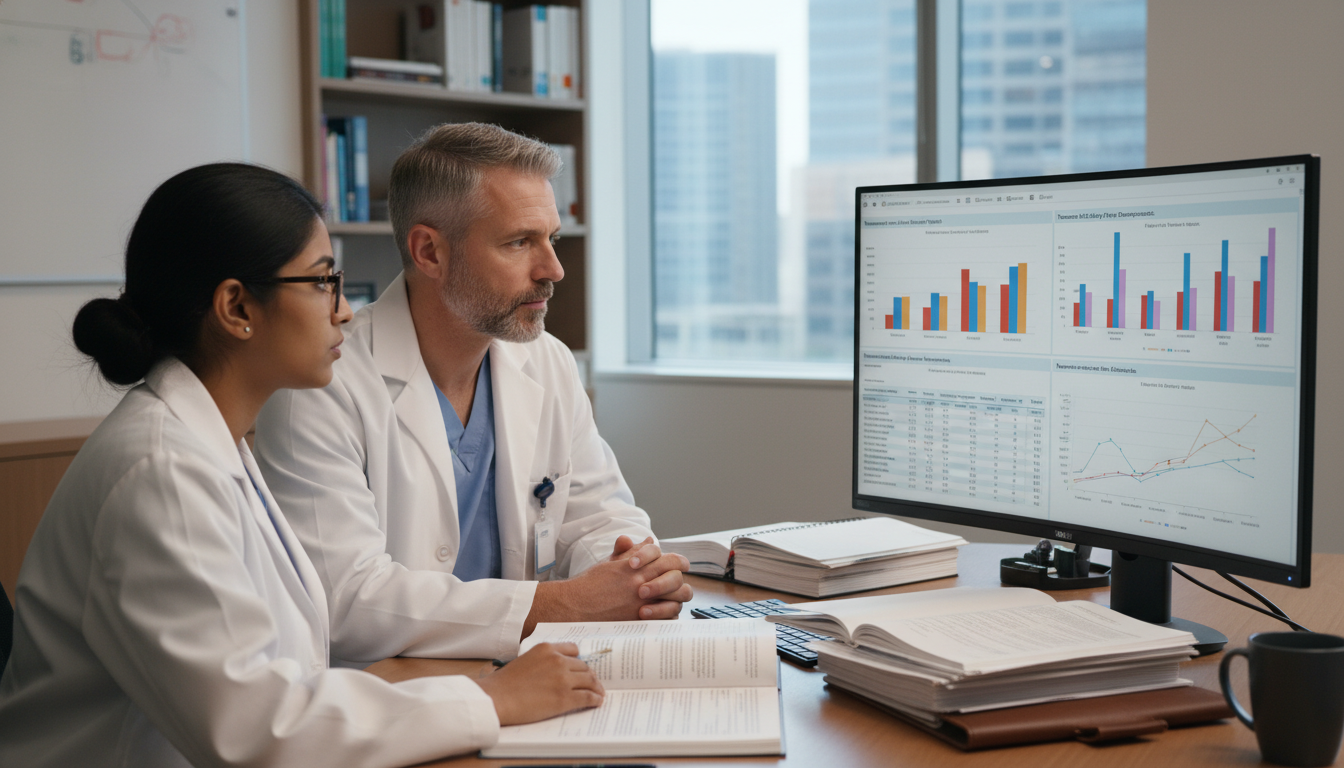 Resident and mentor analyzing addiction medicine data on computer - US citizen IMG for Research During Residency for US Citiz