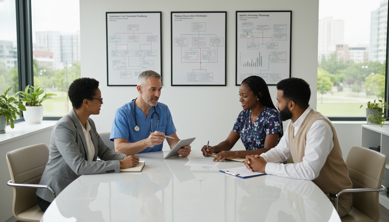 Addiction medicine team in outpatient clinic reviewing patient care plans - US citizen IMG for Work-Life Balance Assessment f