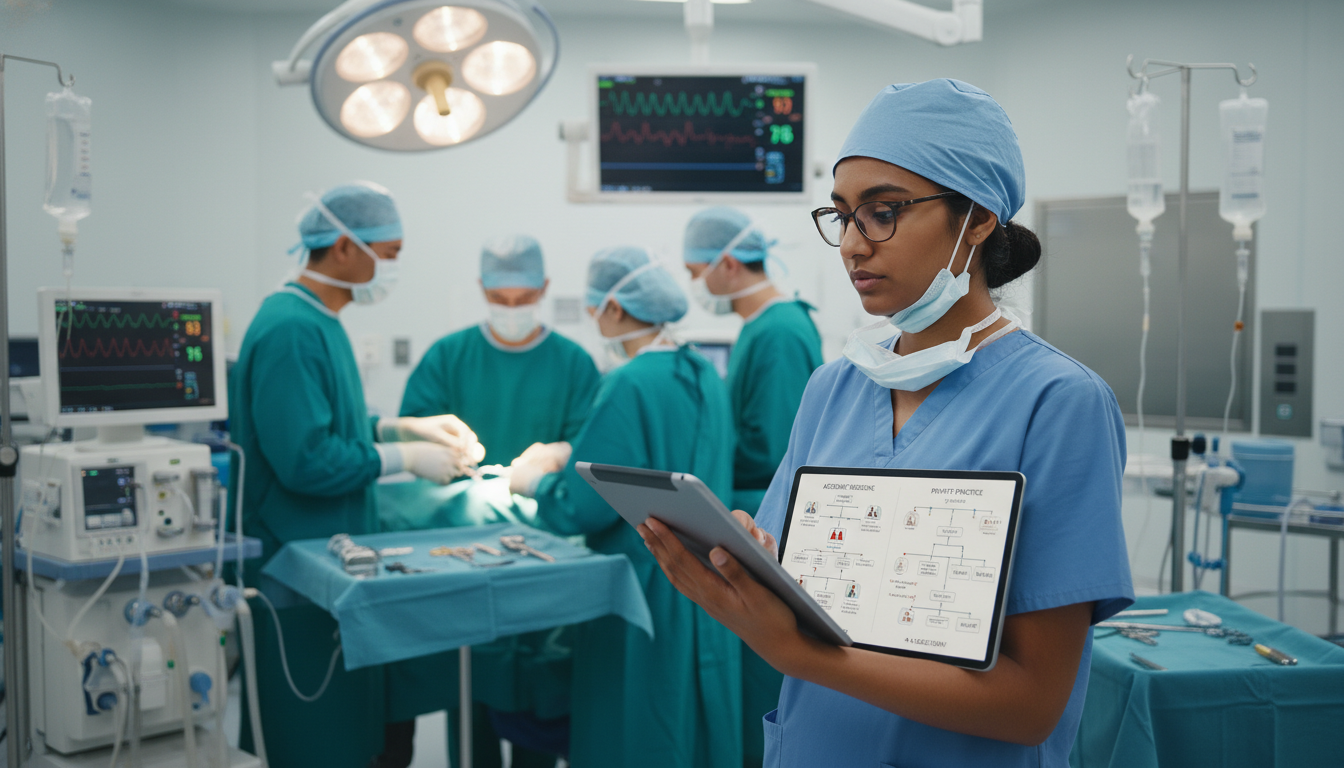 Anesthesiologist in operating room comparing academic and private practice workflows Anesthesiologist in operating room comparing academic and private practice workflows - US citizen IMG for Academic vs Private