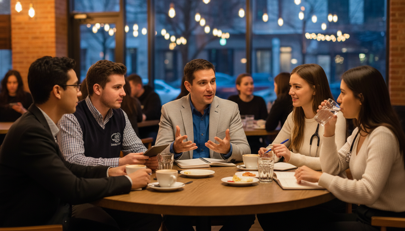 Anesthesiology residents and applicants in discussion during a residency pre-interview dinner - US citizen IMG for Questions