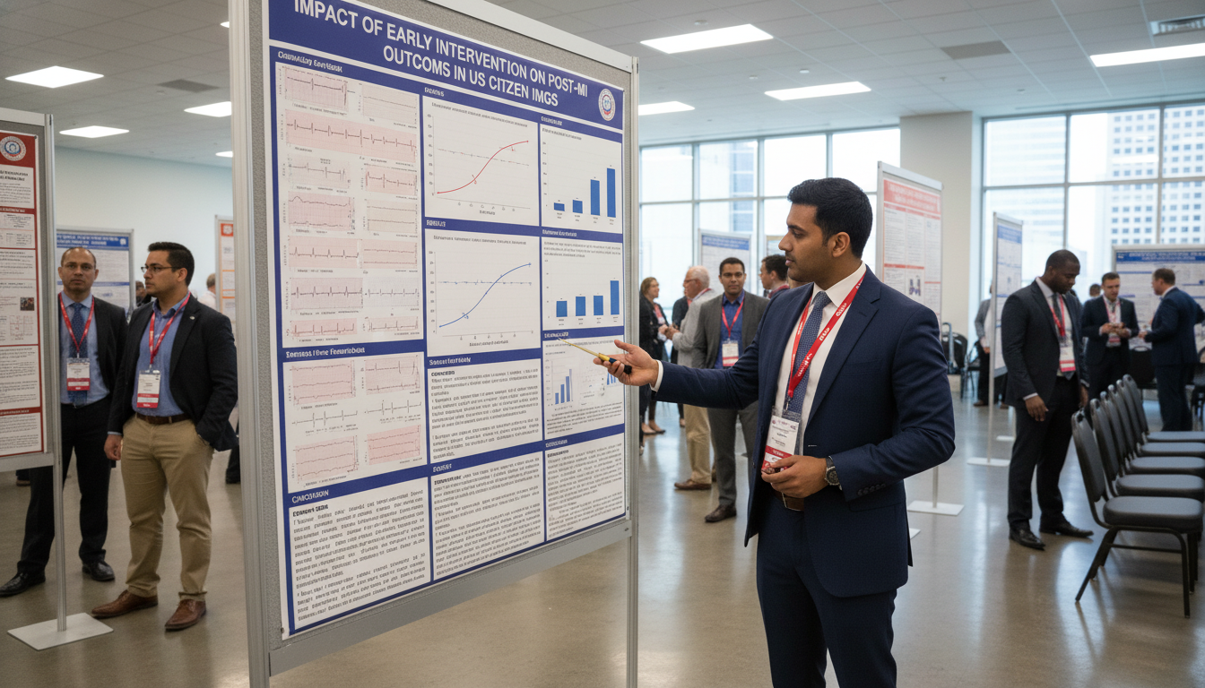 Resident presenting cardiology research poster at conference Resident presenting cardiology research poster at conference - US citizen IMG for Research During Residency for US Citizen IM