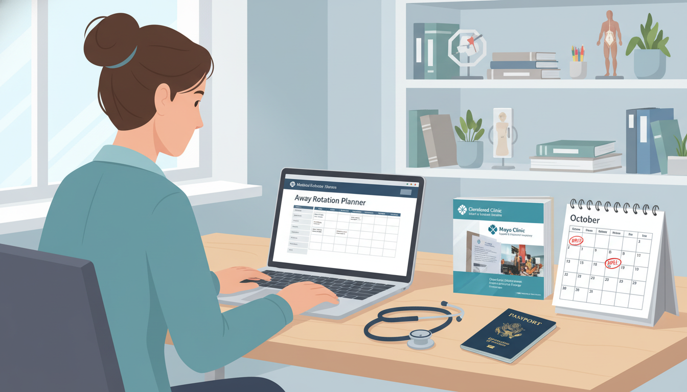 Medical student planning cardiothoracic surgery away rotations on laptop with calendar and documents Medical student planning cardiothoracic surgery away rotations on laptop with calendar and documents - US citizen IMG for Awa