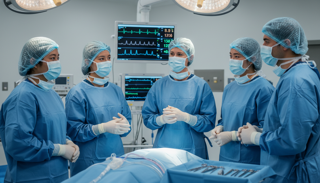 Cardiothoracic residents in operating room debrief after surgery Cardiothoracic residents in operating room debrief after surgery - US citizen IMG for Work-Life Balance Assessment for US Cit