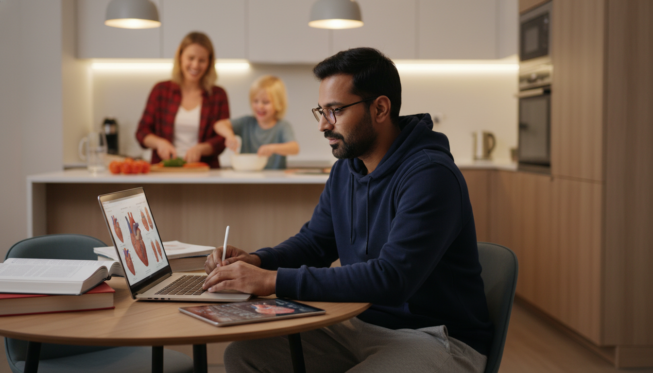 Surgical resident studying at home with family in the background Surgical resident studying at home with family in the background - US citizen IMG for Work-Life Balance Assessment for US Cit