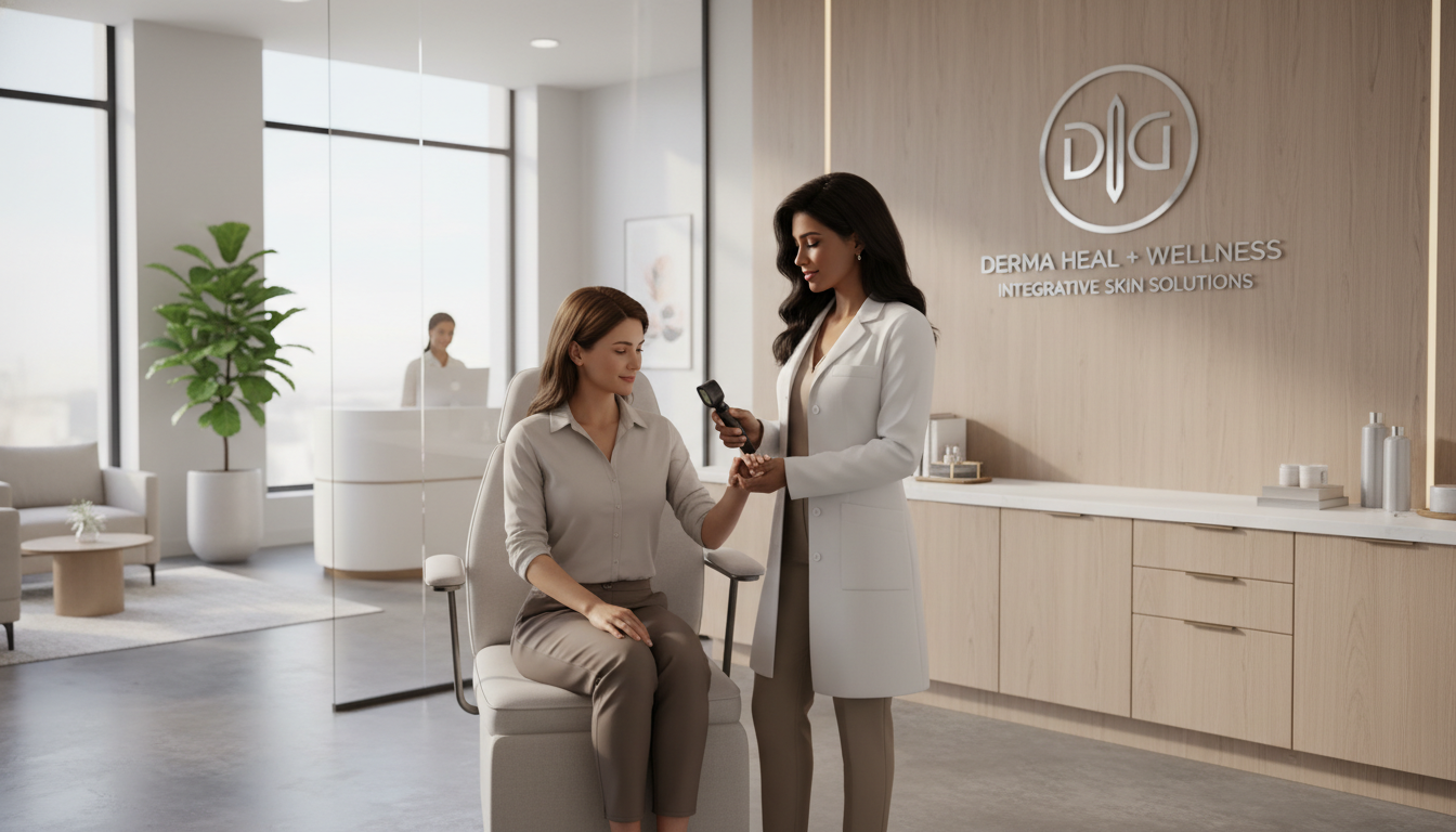 Dermatologist in private practice consulting a patient in a modern clinic Dermatologist in private practice consulting a patient in a modern clinic - US citizen IMG for Academic vs Private Practice f