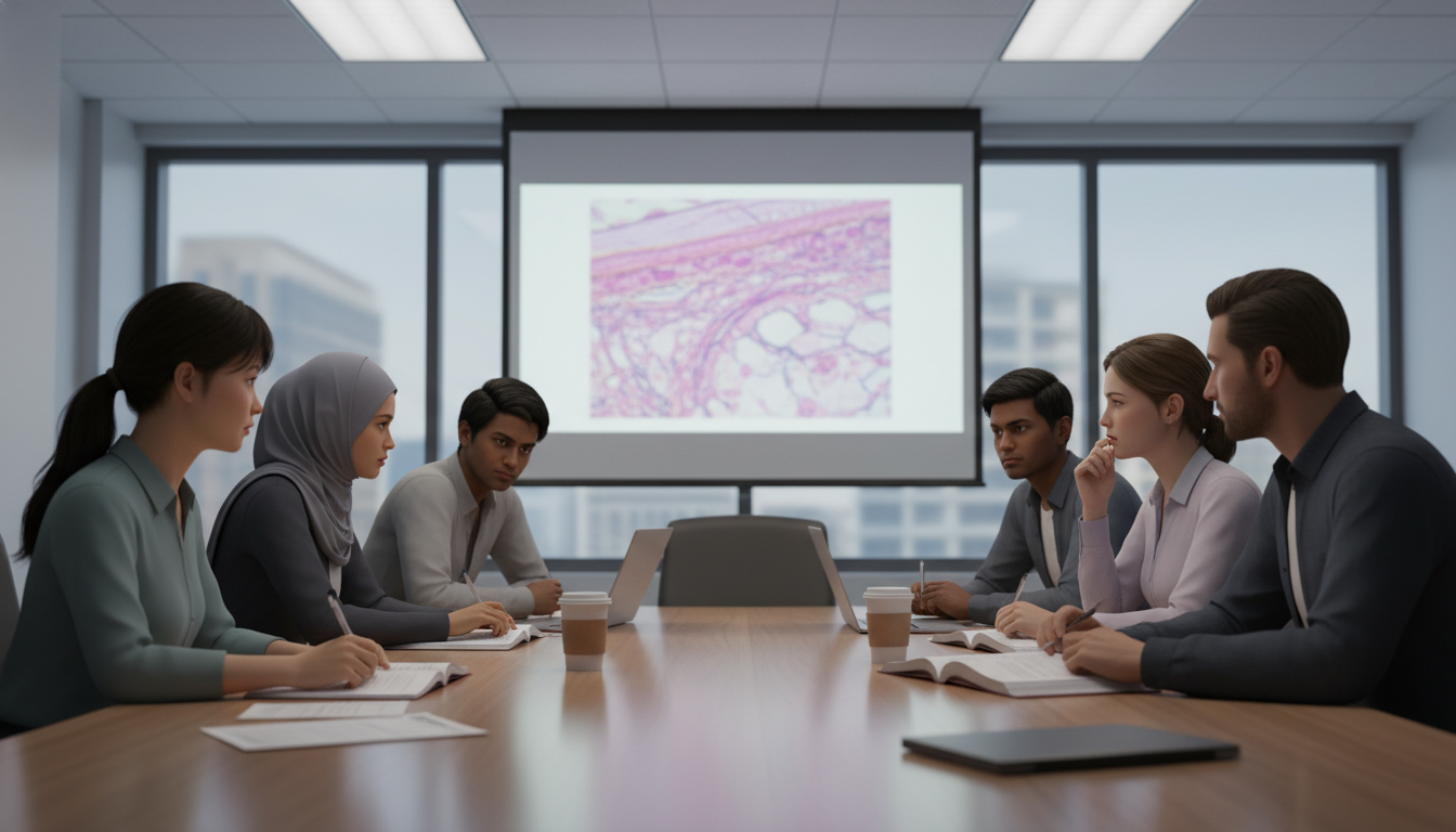 Dermatology residents in a conference room with mixed expressions, suggesting varied experiences Dermatology residents in a conference room with mixed expressions, suggesting varied experiences - US citizen IMG for Identif