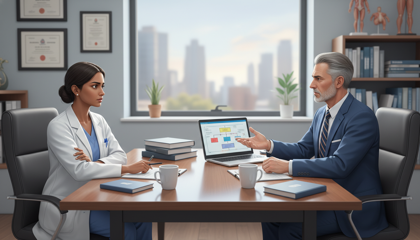 Dermatology resident speaking with program director in a professional but tense office meeting Dermatology resident speaking with program director in a professional but tense office meeting - US citizen IMG for Identifyi