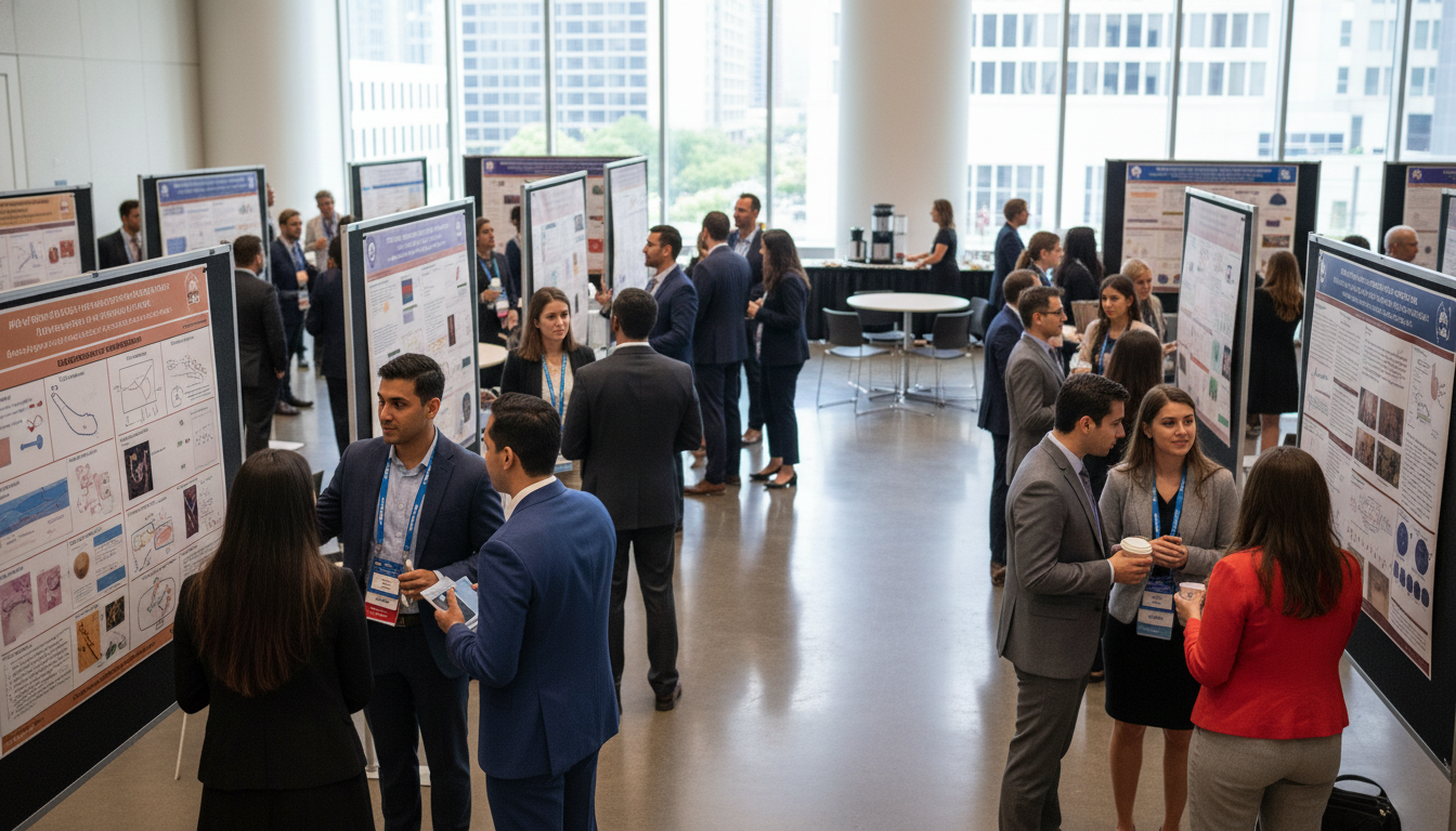 Dermatology conference poster session with residents and students networking - US citizen IMG for Networking in Medicine for