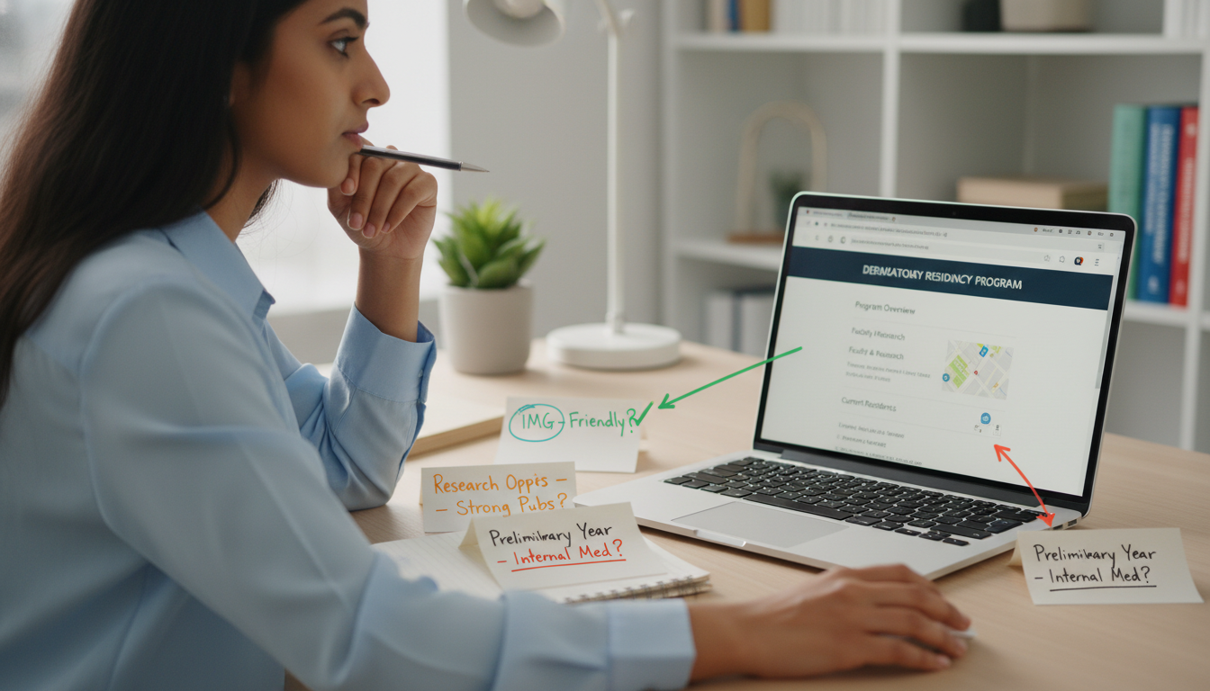 Medical graduate reviewing dermatology residency program details - US citizen IMG for Program Selection Strategy for US Citiz