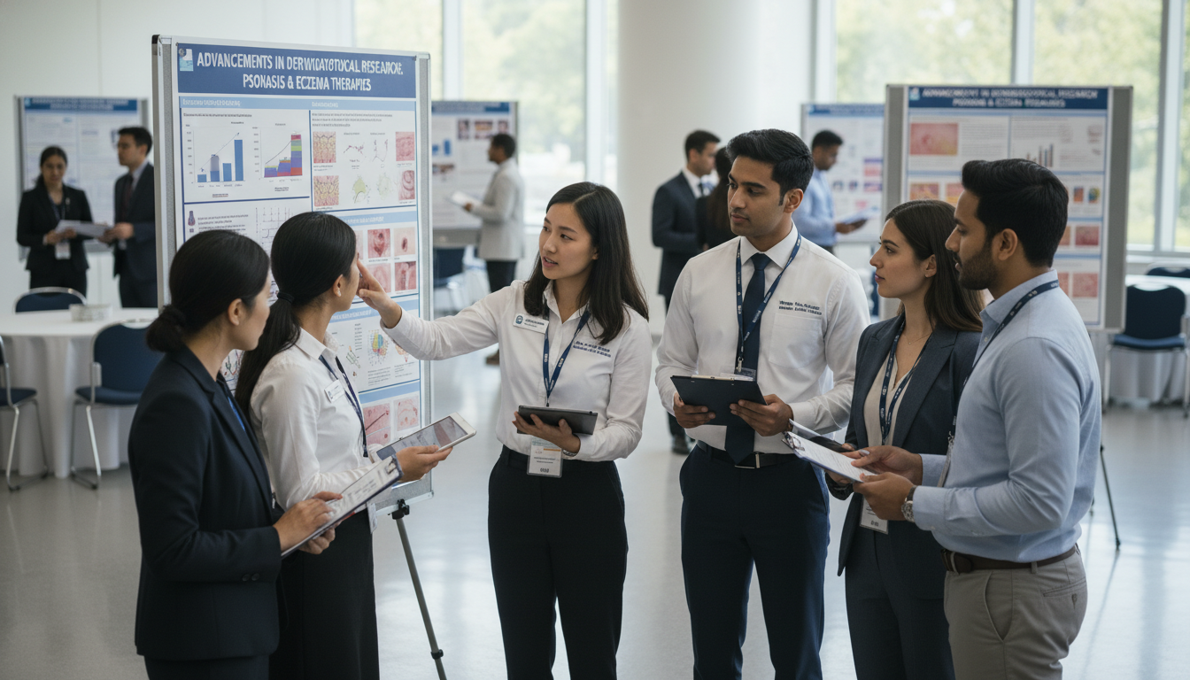 Dermatology residents discussing a clinical research poster Dermatology residents discussing a clinical research poster - US citizen IMG for Research During Residency for US Citizen IMG
