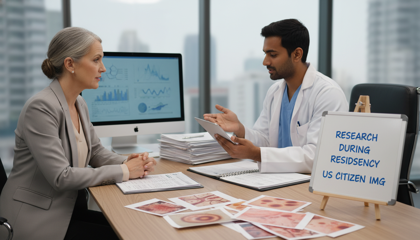 Dermatology resident presenting research to a faculty mentor Dermatology resident presenting research to a faculty mentor - US citizen IMG for Research During Residency for US Citizen IM