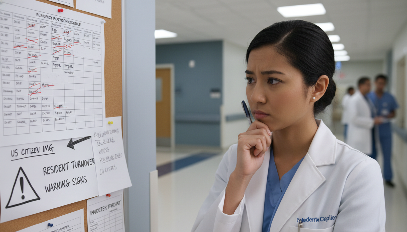 Dermatology resident looking concerned at residency schedule Dermatology resident looking concerned at residency schedule - US citizen IMG for Resident Turnover Warning Signs for US Citi