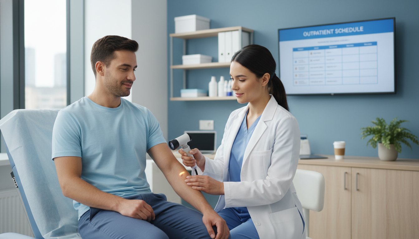 Dermatology resident using dermatoscope in clinic with calm working atmosphere Dermatology resident using dermatoscope in clinic with calm working atmosphere - US citizen IMG for Work-Life Balance Assessm