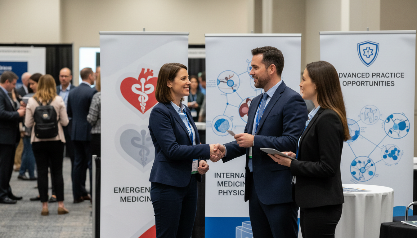 Resident physician networking at a medical conference Resident physician networking at a medical conference - US citizen IMG for Job Search Timing for US Citizen IMG in Emergency