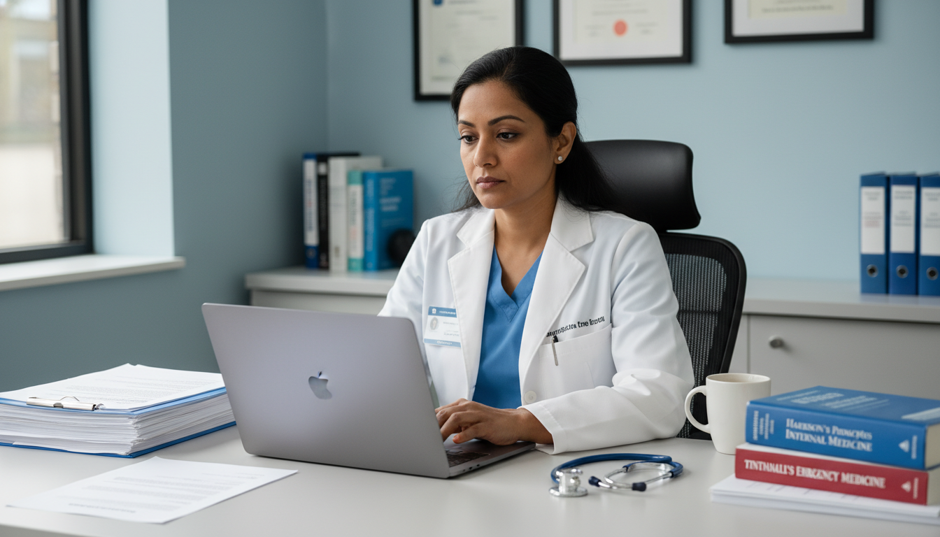 Internal medicine attending writing a residency recommendation letter in an office - US citizen IMG for Letters of Recommenda