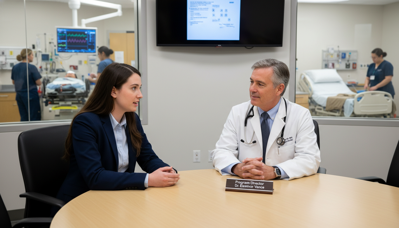 Emergency Medicine-Internal Medicine resident speaking with program director during residency interview day Emergency Medicine-Internal Medicine resident speaking with program director during residency interview day - US citizen IMG