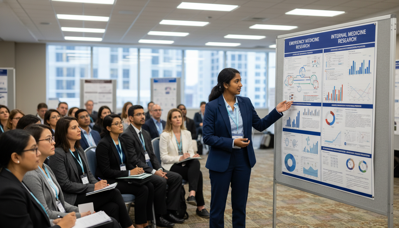 Resident presenting emergency medicine-internal medicine research at a conference - US citizen IMG for Research During Reside