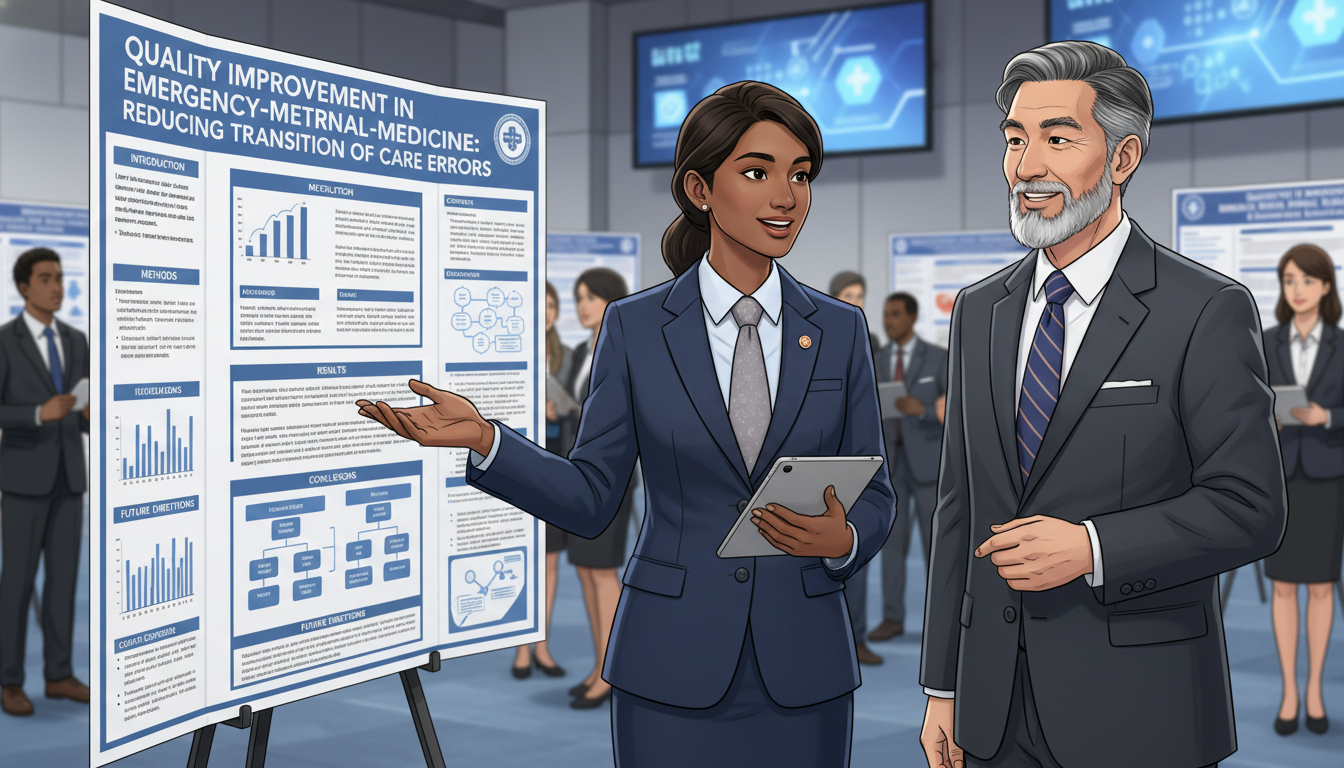 Resident discussing an EM–IM research poster at a conference Resident discussing an EM–IM research poster at a conference - US citizen IMG for Research Profile Building for US Citizen IM