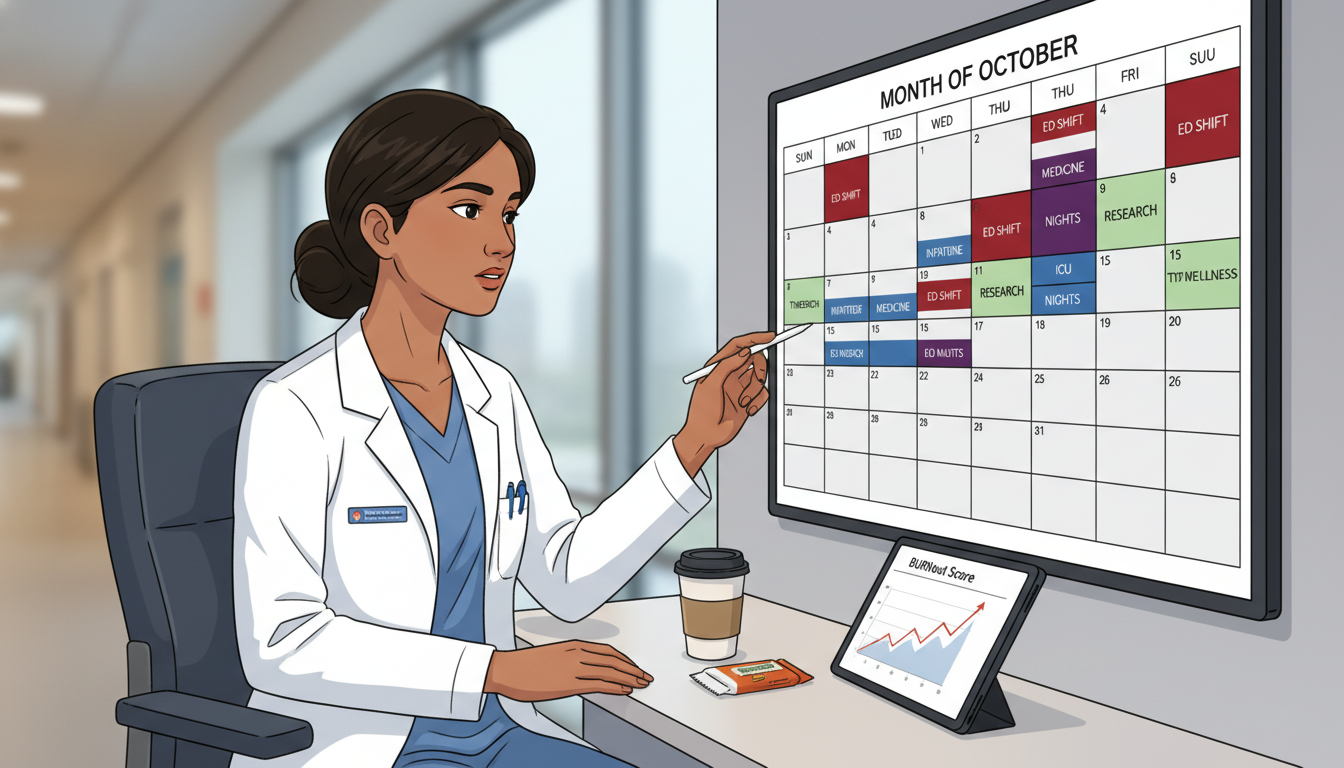 EM-IM resident reviewing duty hours schedule EM-IM resident reviewing duty hours schedule - US citizen IMG for Work-Life Balance Assessment for US Citizen IMG in Emergenc