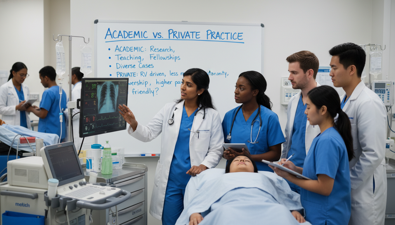 Emergency physician teaching residents in an academic emergency department Emergency physician teaching residents in an academic emergency department - US citizen IMG for Academic vs Private Practice