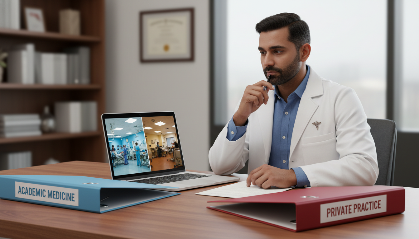 Emergency physician weighing academic versus private practice options Emergency physician weighing academic versus private practice options - US citizen IMG for Academic vs Private Practice for U