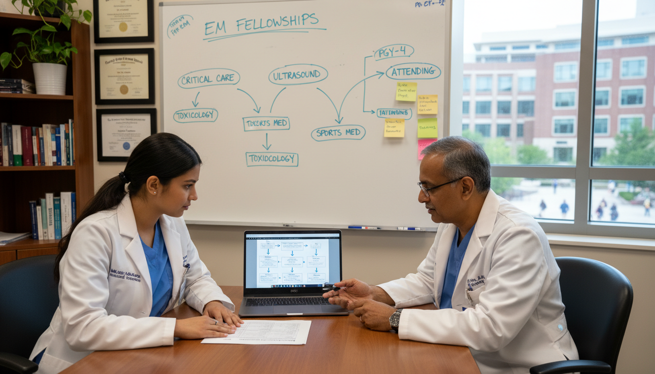 Emergency medicine resident discussing fellowship options with mentor Emergency medicine resident discussing fellowship options with mentor - US citizen IMG for Fellowship Preparation for US Citi