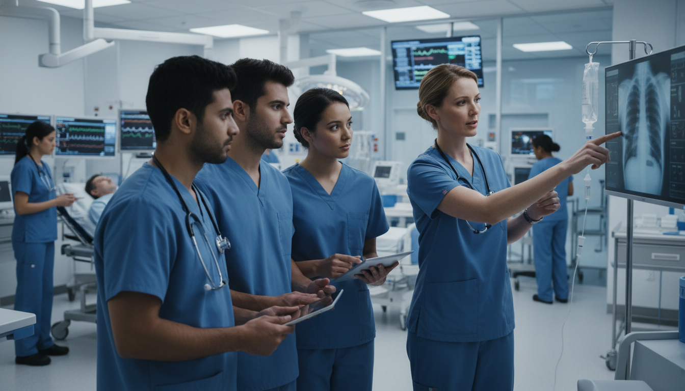 Emergency medicine residents collaborating in a busy emergency department - US citizen IMG for Common Interview Questions for