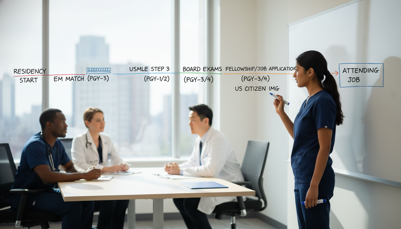 Emergency medicine resident mapping out career timeline on whiteboard Emergency medicine resident mapping out career timeline on whiteboard - US citizen IMG for Job Search Timing for US Citizen I