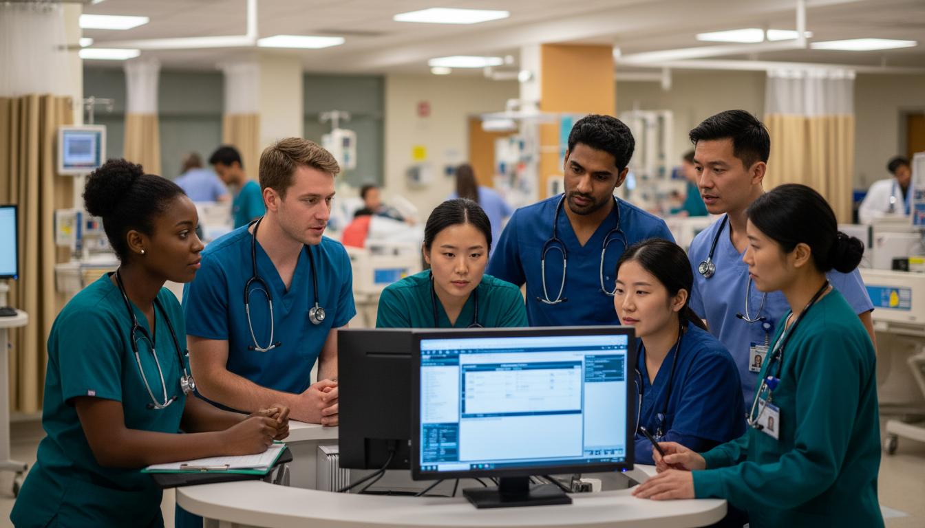 Emergency medicine resident team discussing cases at the workstation - US citizen IMG for Questions to Ask Programs for US Ci