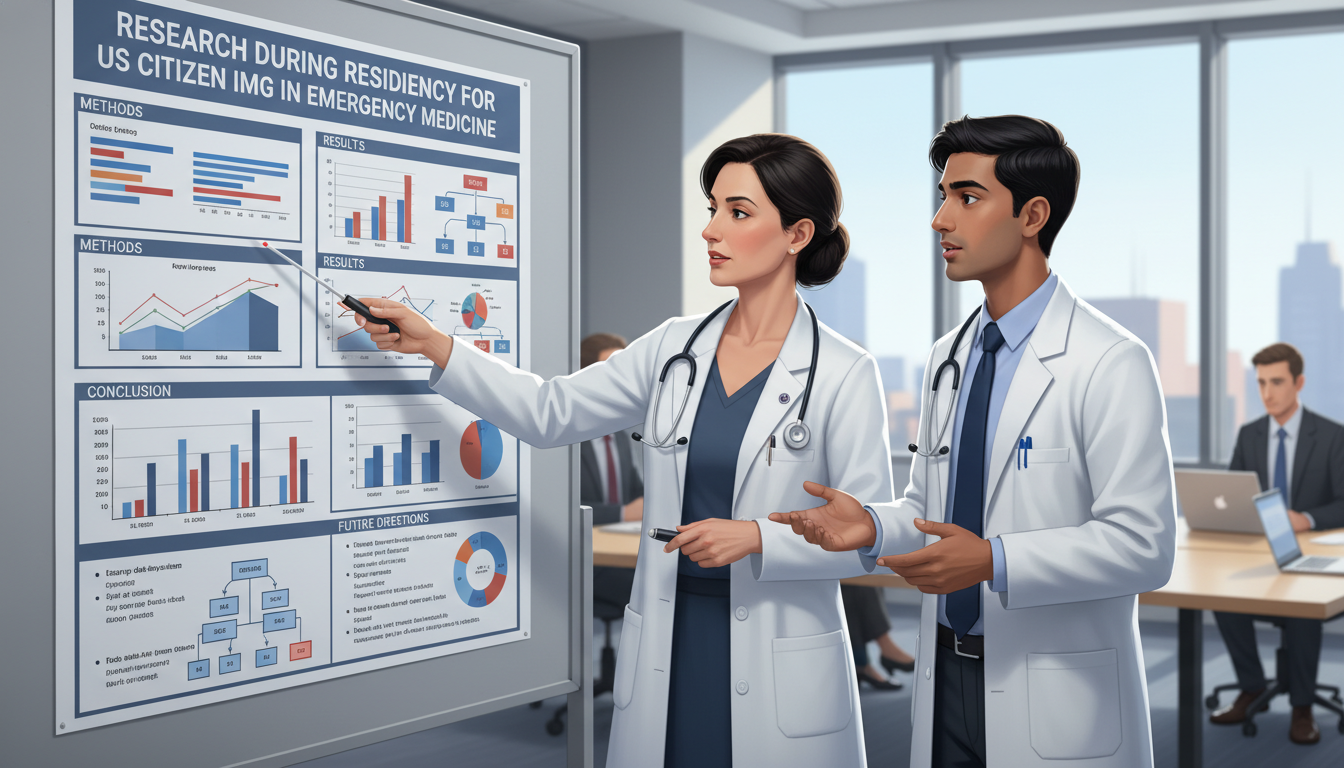 Emergency medicine resident and mentor discussing a clinical research poster Emergency medicine resident and mentor discussing a clinical research poster - US citizen IMG for Research During Residency f