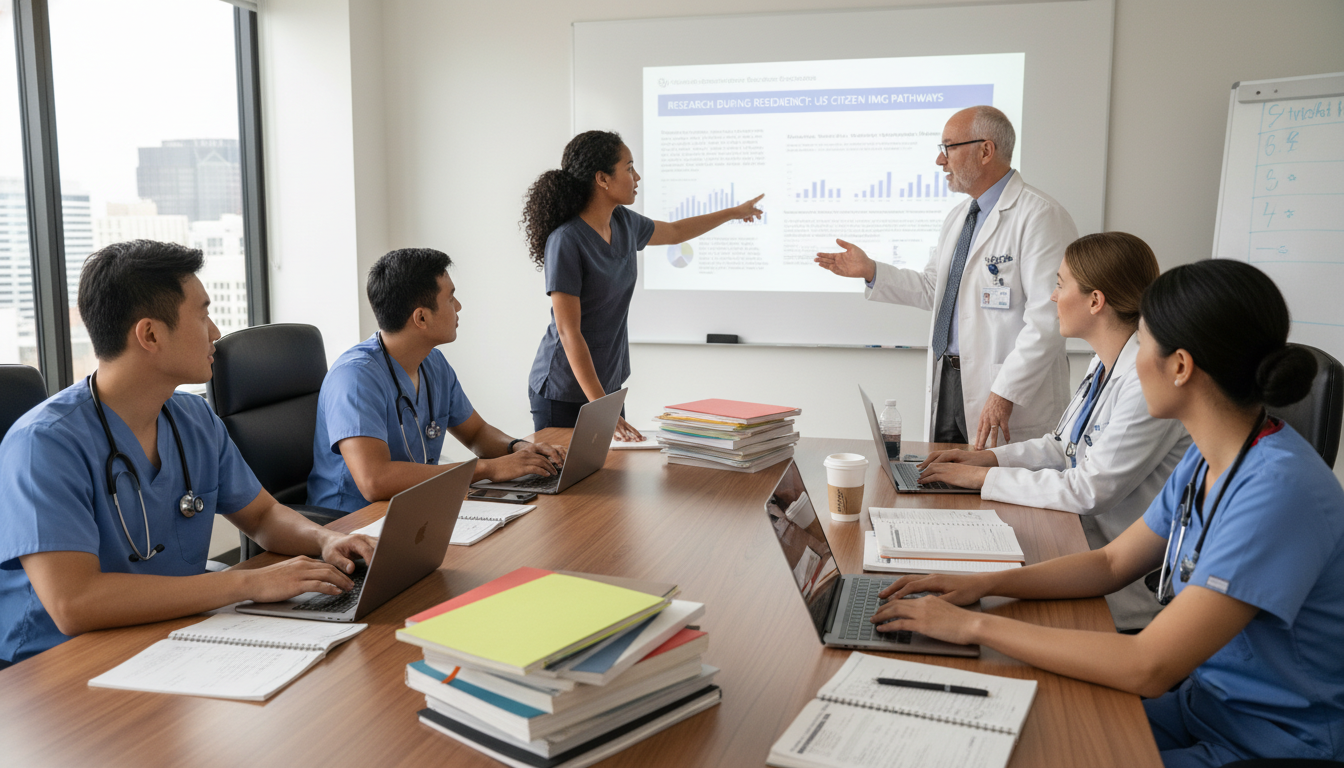 Emergency medicine residency research meeting with residents and faculty around a conference table Emergency medicine residency research meeting with residents and faculty around a conference table - US citizen IMG for Resea
