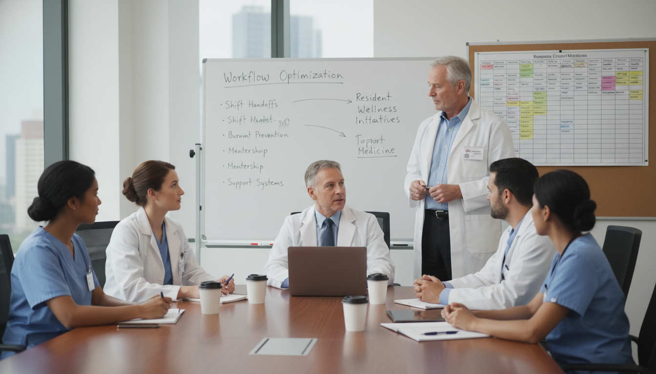 Emergency medicine residents in a team meeting discussing workflow and wellness Emergency medicine residents in a team meeting discussing workflow and wellness - US citizen IMG for Resident Turnover Warnin