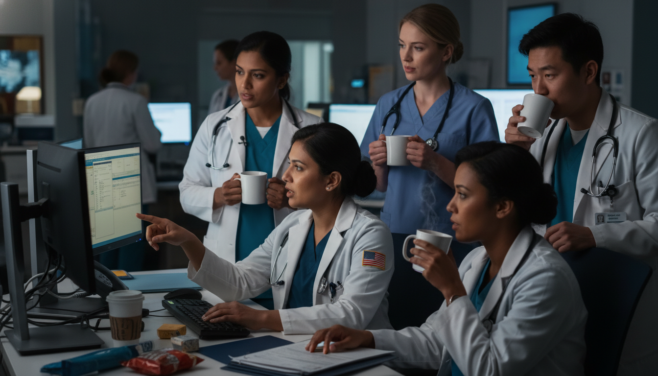 Emergency medicine residents working night shift and discussing patient cases at computer station Emergency medicine residents working night shift and discussing patient cases at computer station - US citizen IMG for Work-L